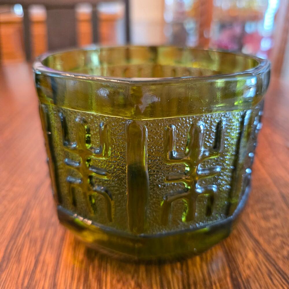 Vintage Indiana Glass Aztec Tribal Avocado Green Octagon Bowl Planter Candy 70's